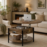 Lift-top round coffee table for living room with storage