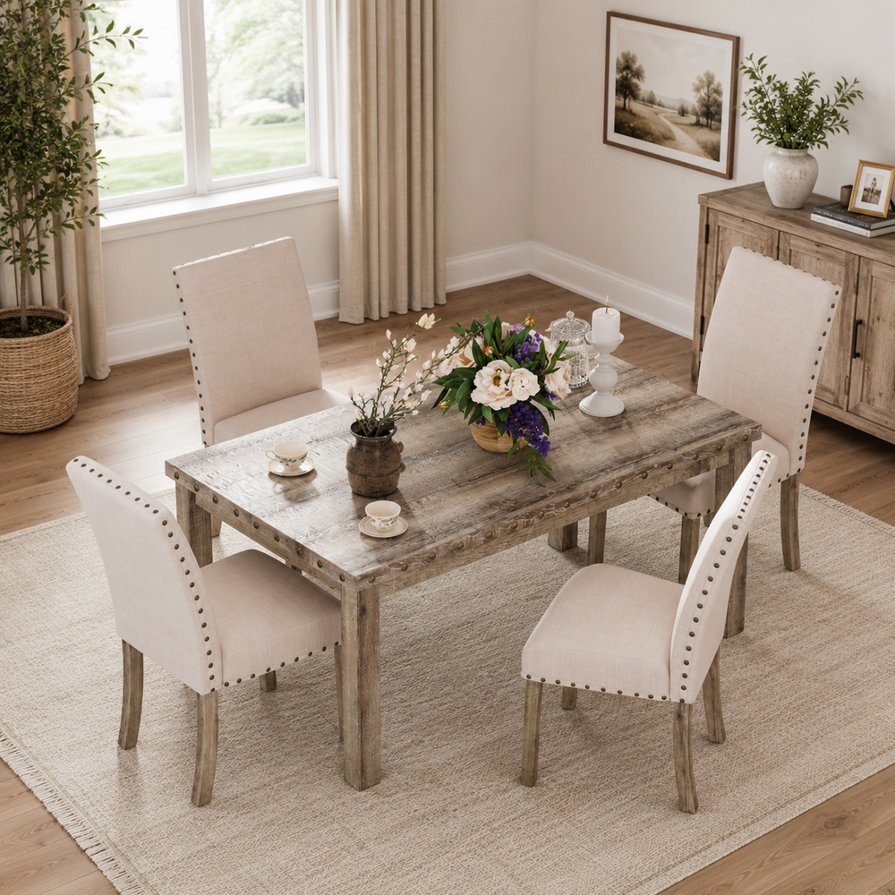 Rustic teak wood 4 seater dining table set with upholstered chairs