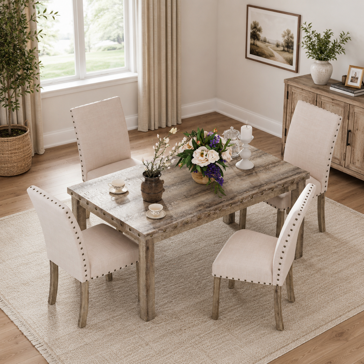 Rustic teak wood 4 seater dining table set with upholstered chairs