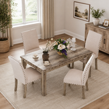 Rustic teak wood 4 seater dining table set with upholstered chairs