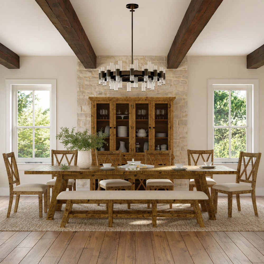 Rustic wooden dining table set with chairs and bench