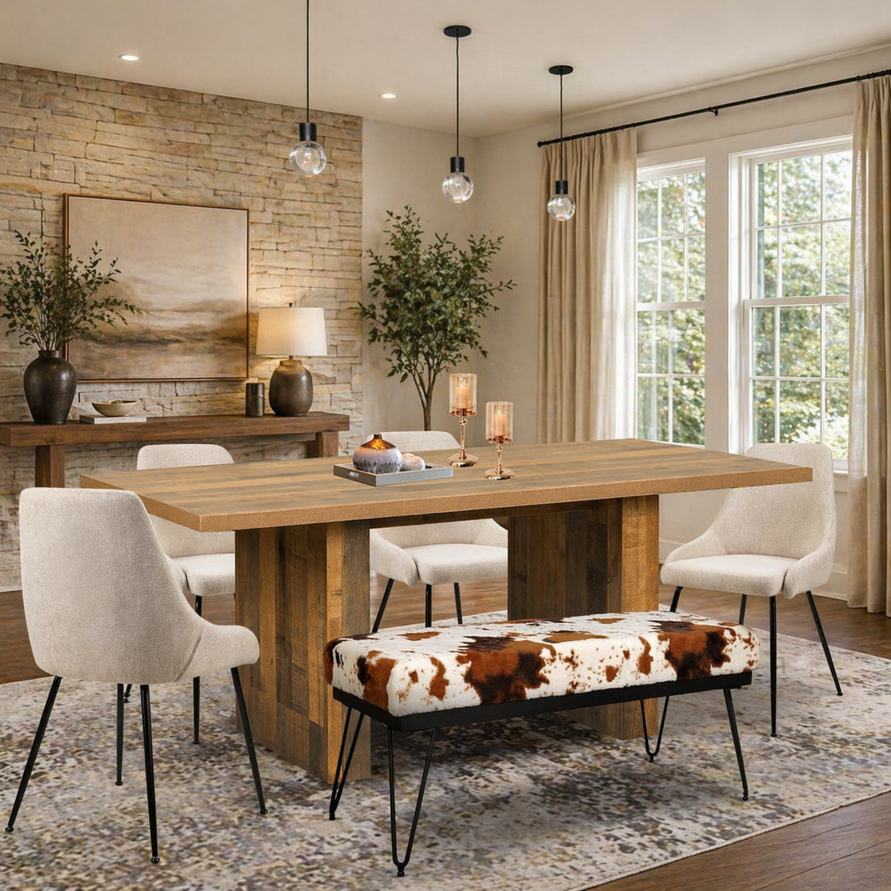 Rustic modern wooden dining table with upholstered chairs