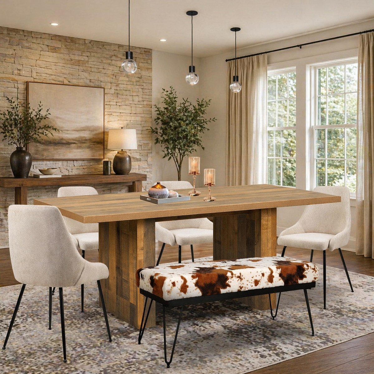 Rustic modern wooden dining table with upholstered chairs