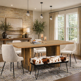 Rustic modern wooden dining table with upholstered chairs