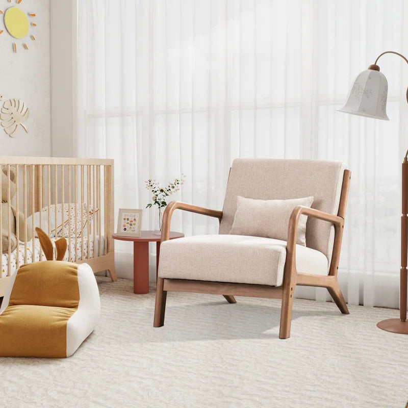 Scandinavian accent chair with wood frame and fabric seat