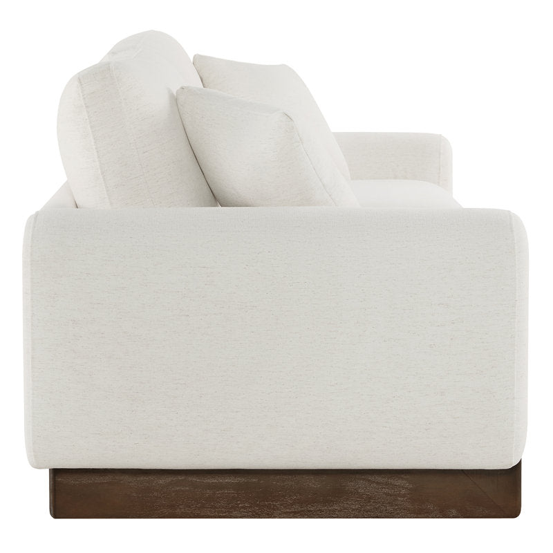Premium upholstered 3-seater sofa with exposed teak wood detailing