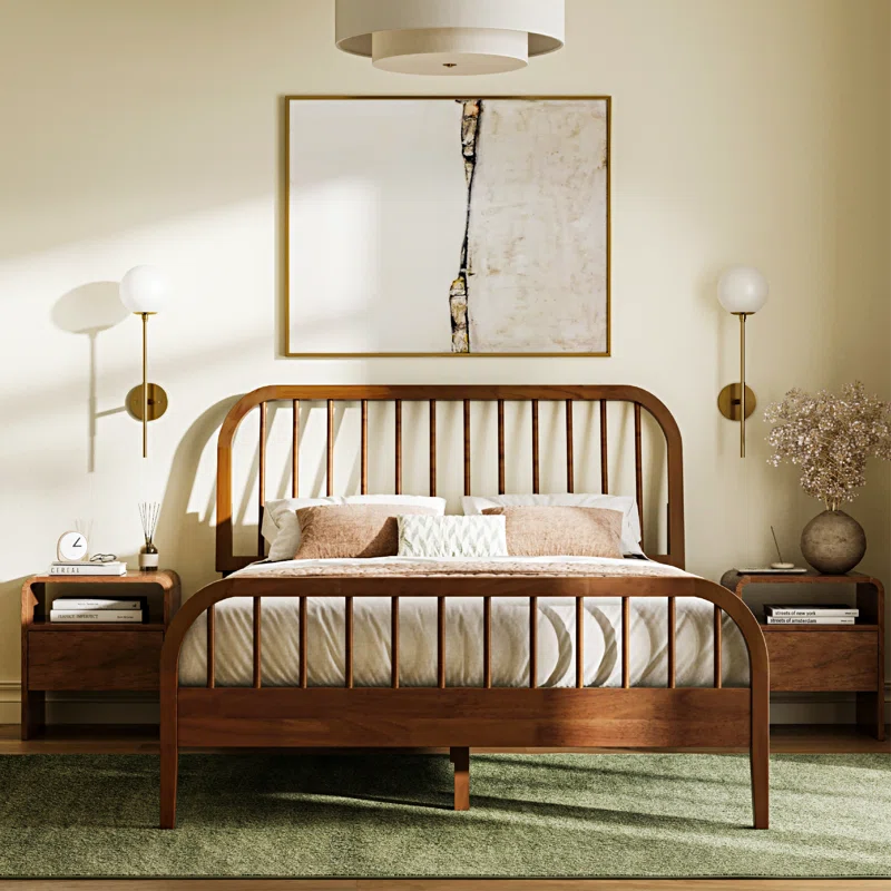 Stylish wooden bed with spindle details