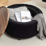 Upholstered black ottoman coffee table with teak wood tray top