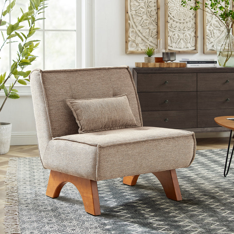 soft upholstered slipper chair with wooden legs