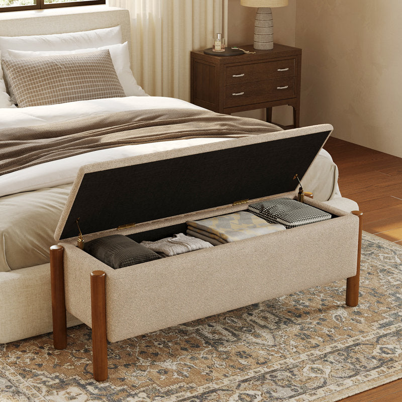 Japandi teak wood bedroom bench with hidden storage
