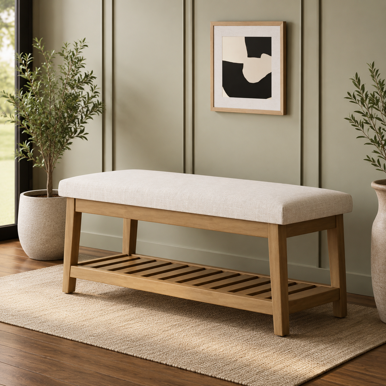 Solid teak wood entryway bench with upholstered seat