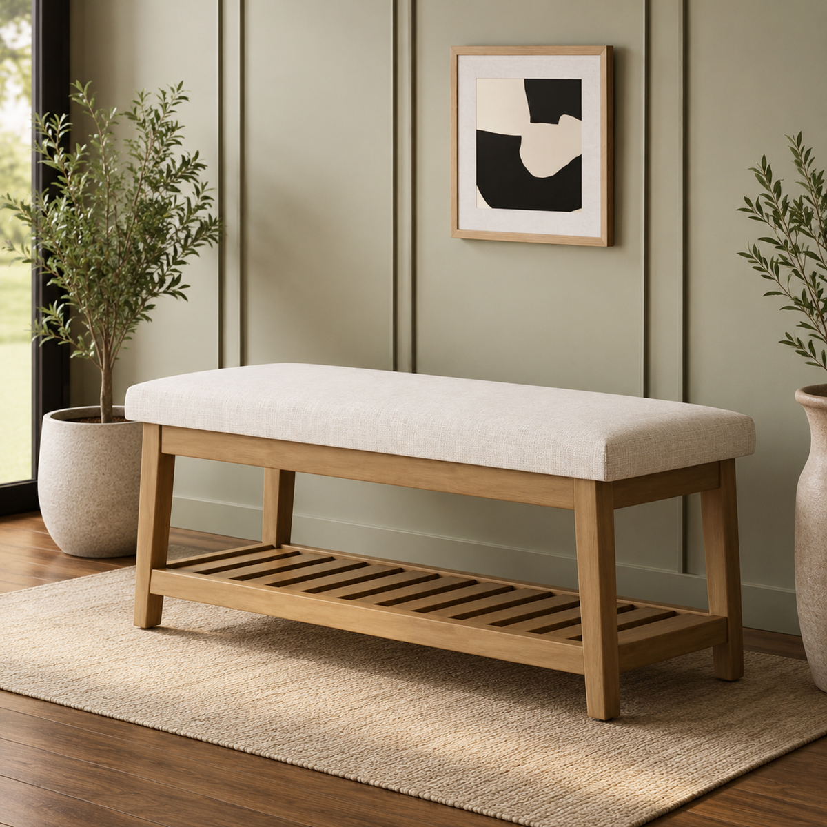 Solid teak wood entryway bench with upholstered seat