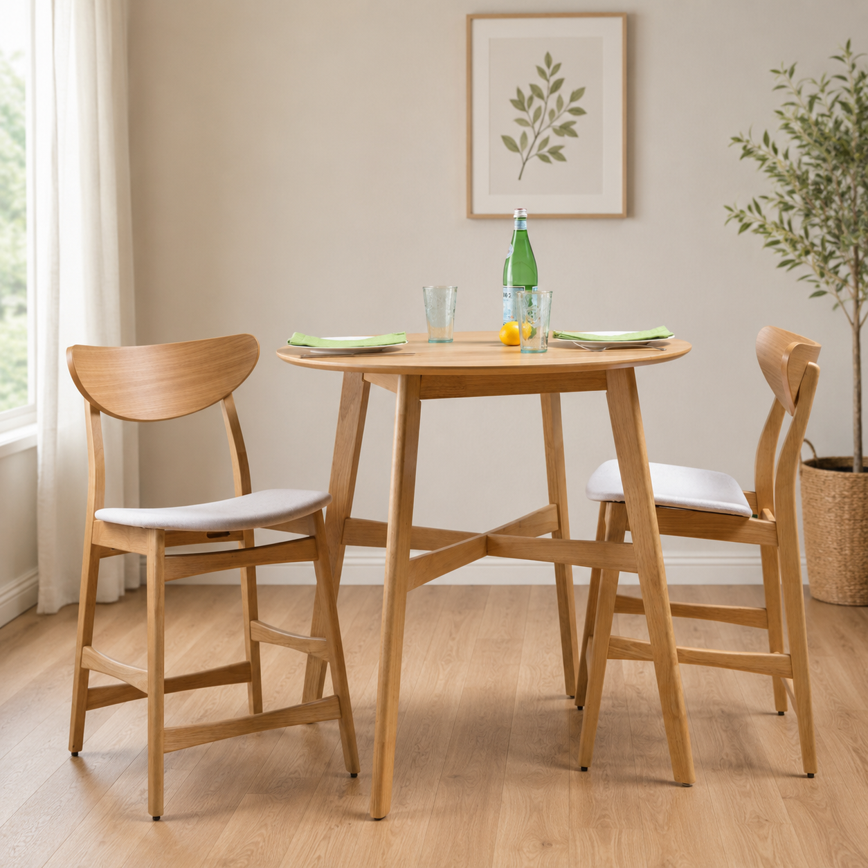Modern teak wood round dining table set with cushioned chairs