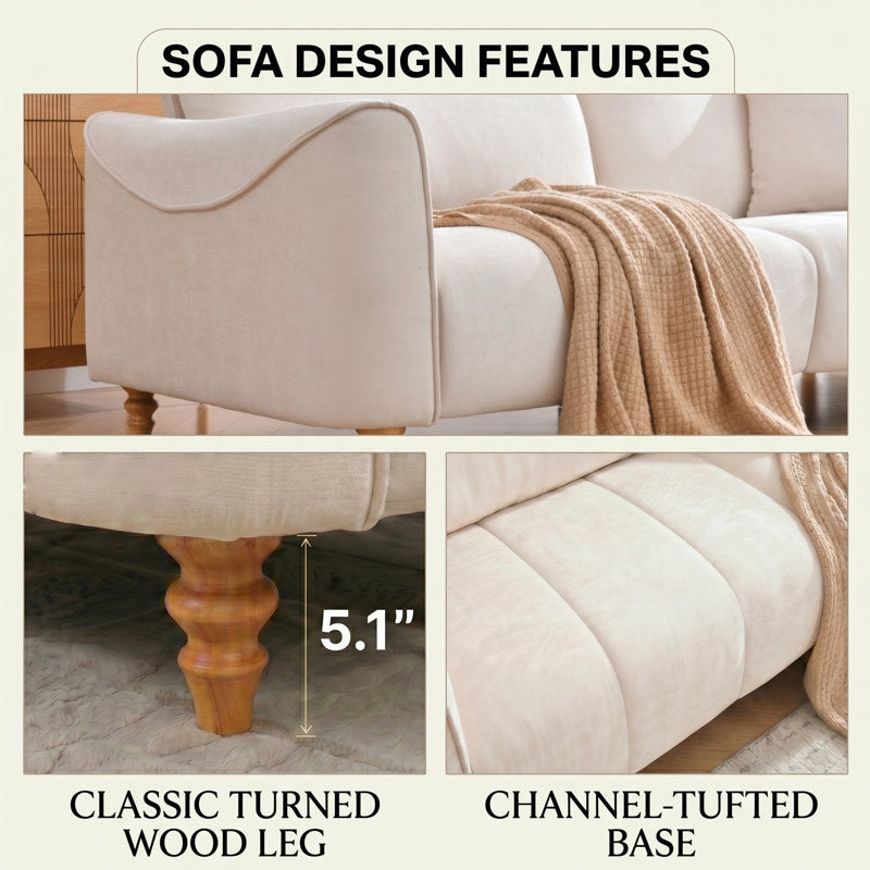 Stylish white living room couch with wooden legs