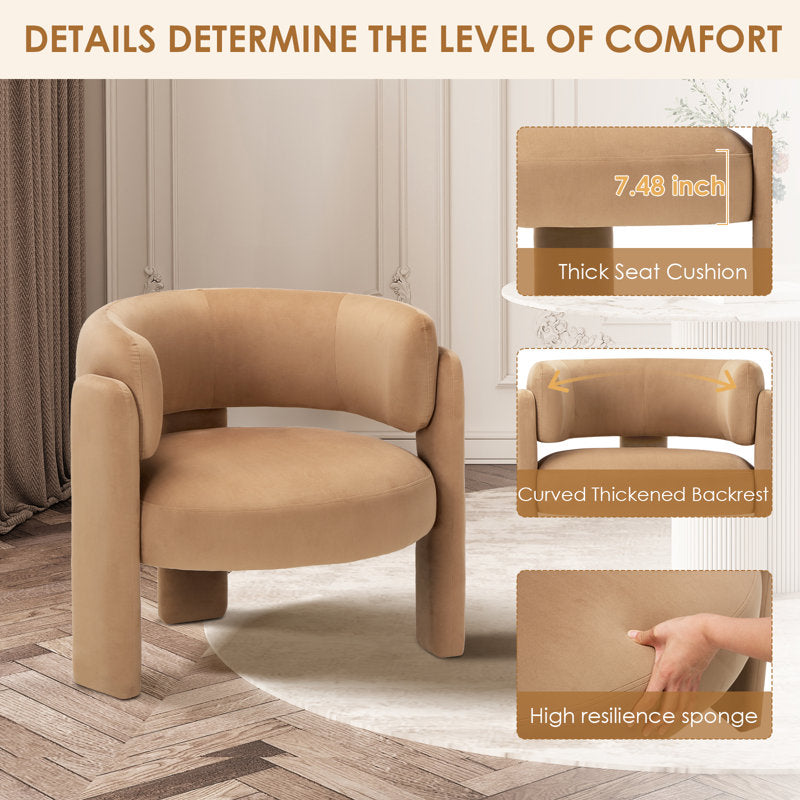 Modern beige upholstered accent chair with teak wood frame