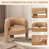 Modern beige upholstered accent chair with teak wood frame