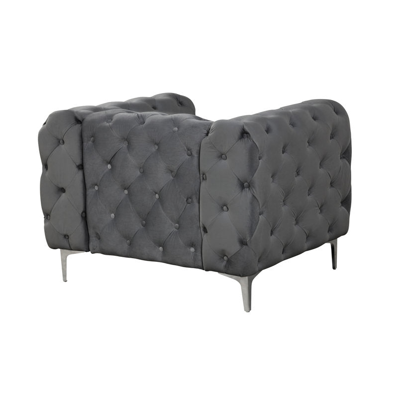 Deep tufted grey velvet sofa set with teak wood structure