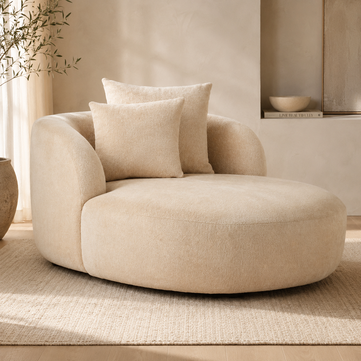 Modern curved chaise lounge sofa in beige fabric with cushions