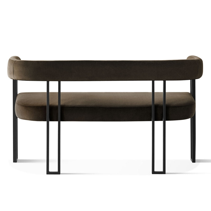 Premium brown fabric 2 seater sofa bench with industrial metal legs and curved backrest
