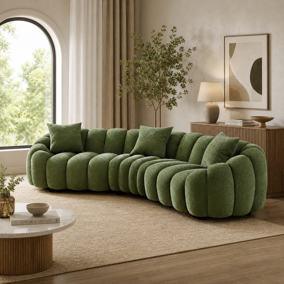 Green curved cloud sectional sofa in bouclé fabric with teak wood frame