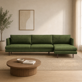 Green velvet L-shaped teak wood sofa for modern living room