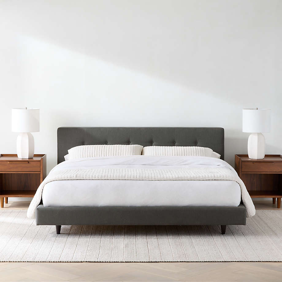 Luxury teak wood bed frame with cushioned headboard
