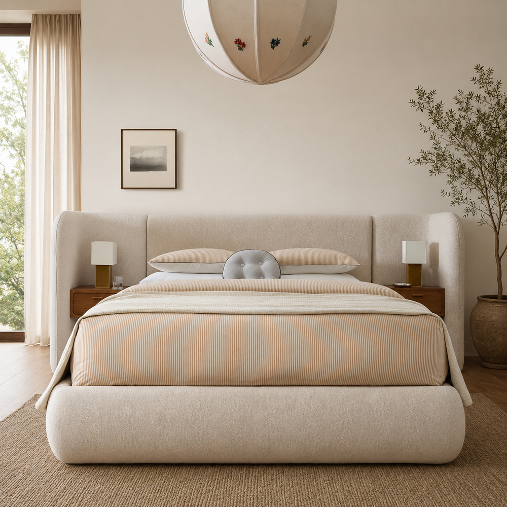 Luxury upholstered teak wood bed with curved headboard