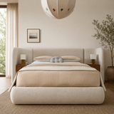 Luxury upholstered teak wood bed with curved headboard