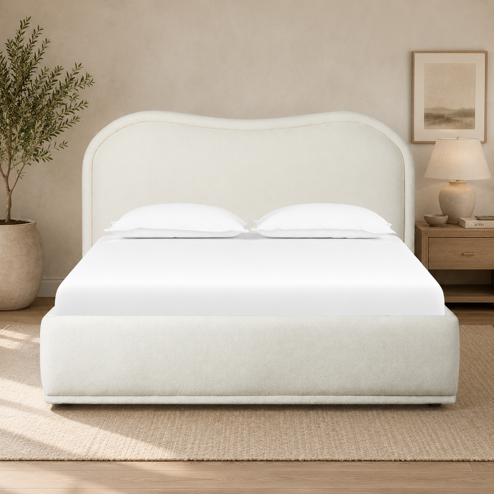 Luxury upholstered teak wood bed with curved headboard