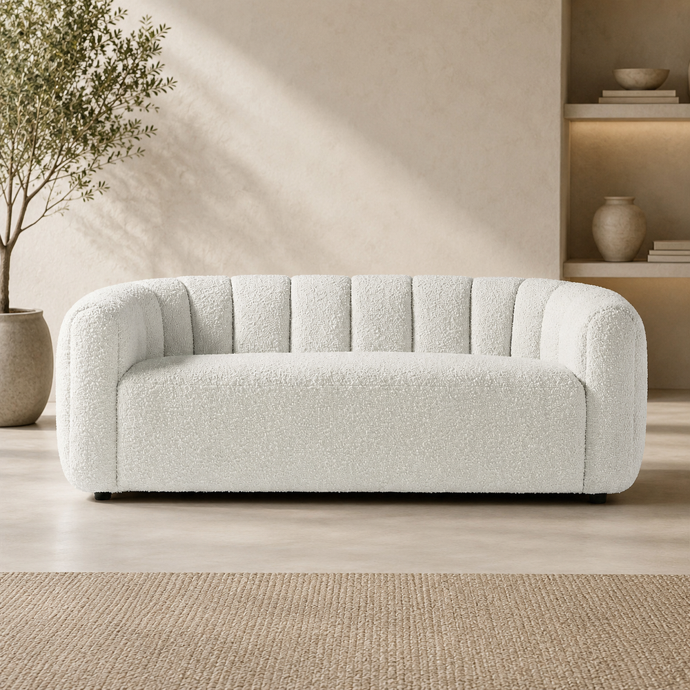 Luxury white bouclé sofa with solid teak wood frame