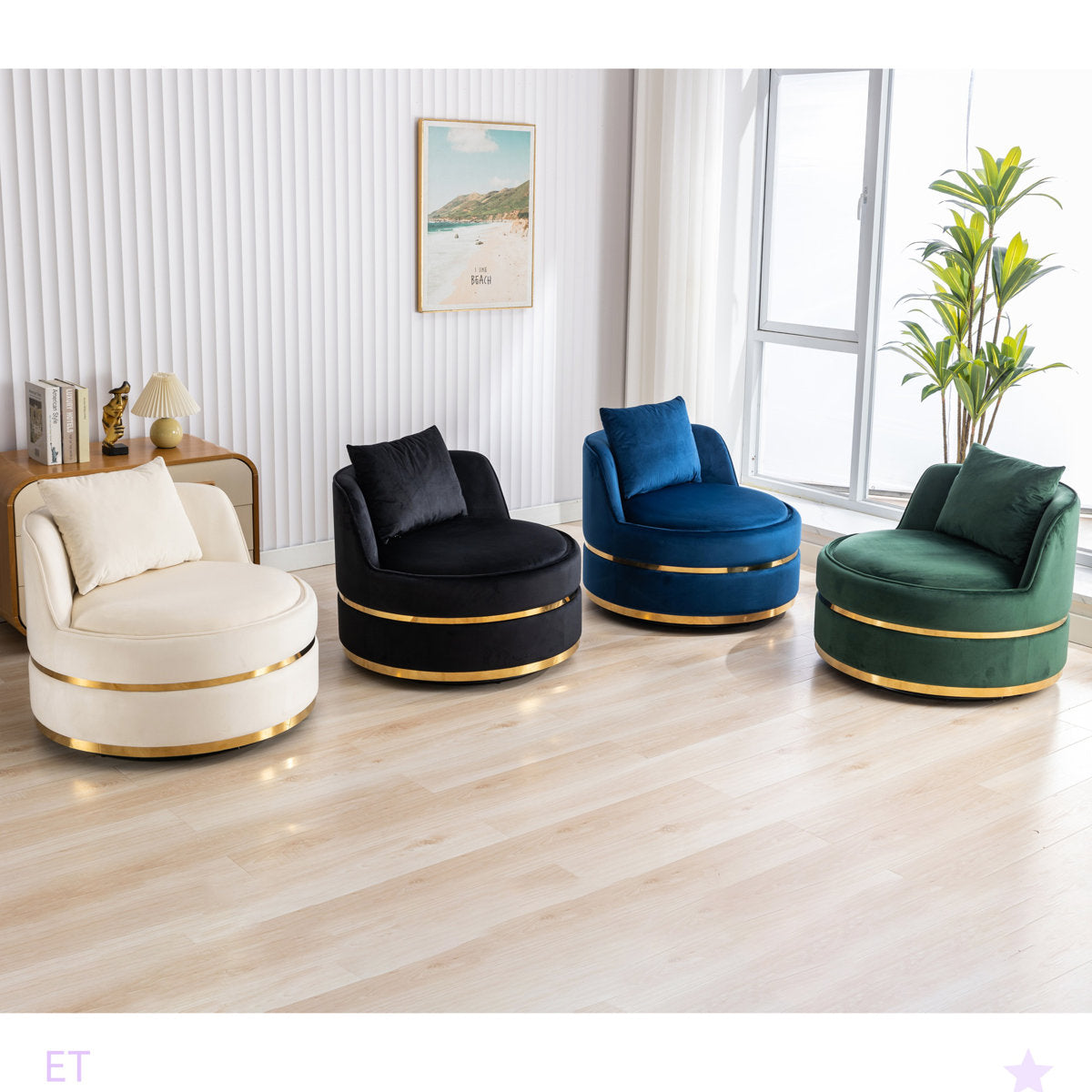 Stylish round velvet chair with teak wood frame