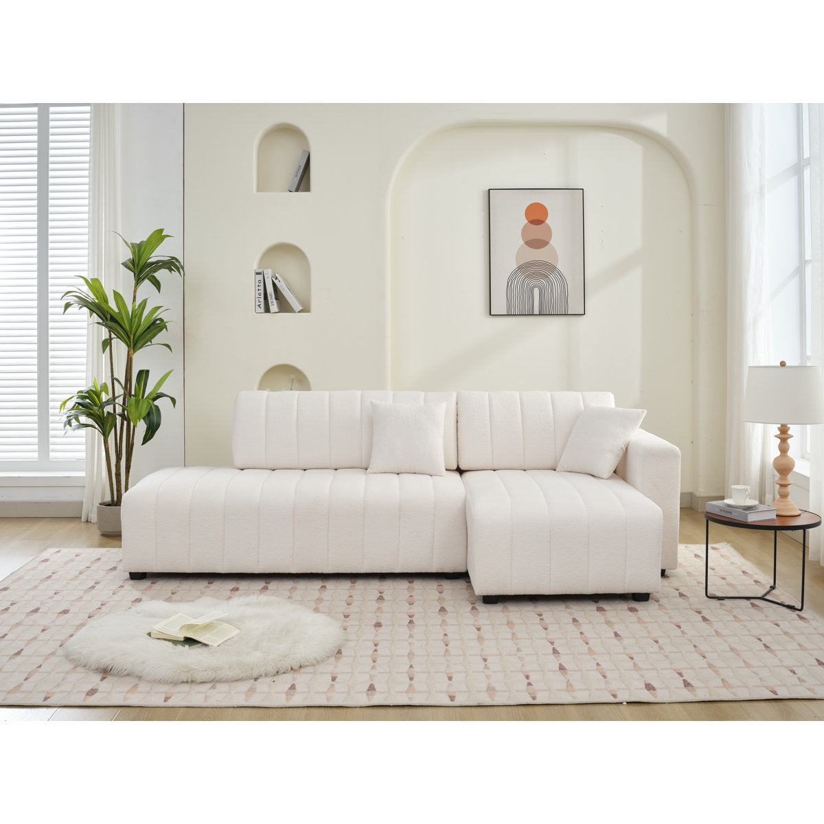 Luxury solid teak wood sectional sofa with white fabric upholstery