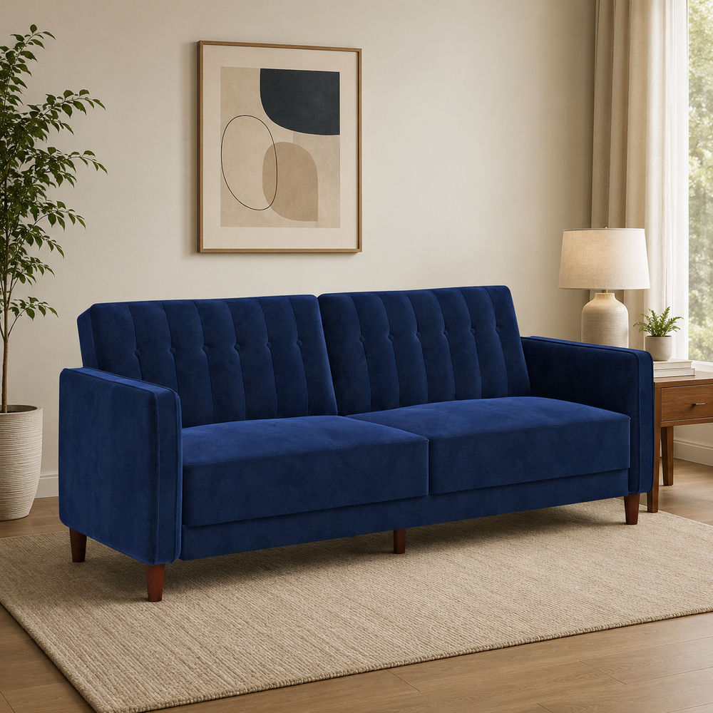 Royal blue velvet 3 seater sofa with teak wood frame