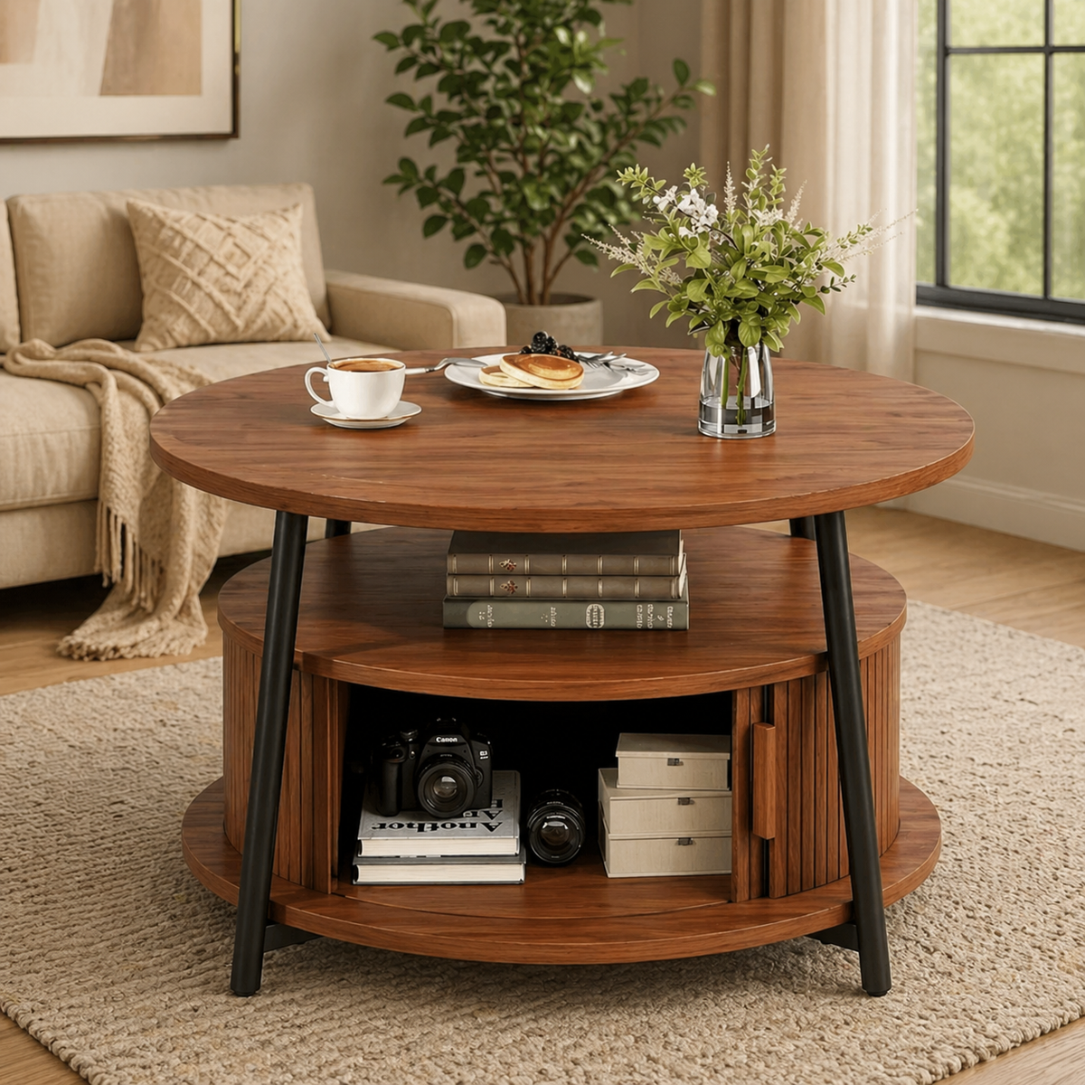Mid-century modern round coffee table with storage shelf in walnut finish