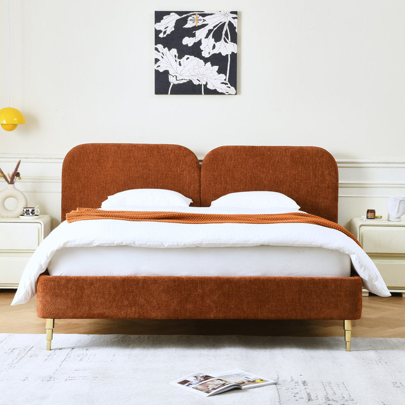 Teak wood bed with cushioned velvet headboard