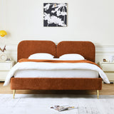 Teak wood bed with cushioned velvet headboard