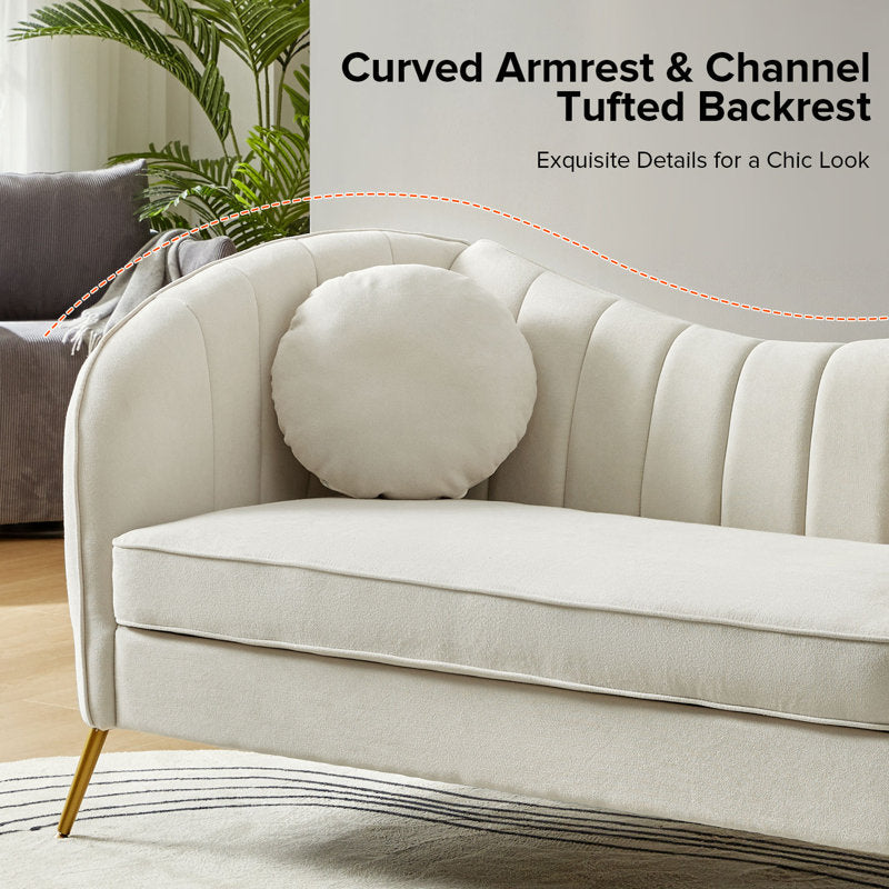 Elegant cream accent sofa with teak wood frame and round cushions