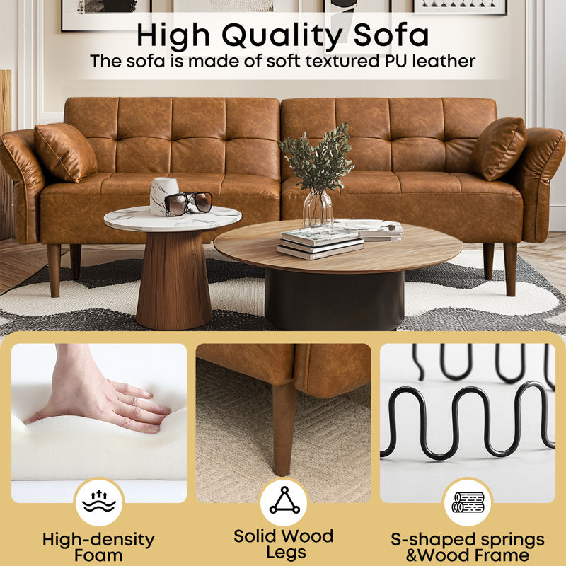 Premium brown leather living room sofa with teak wood frame