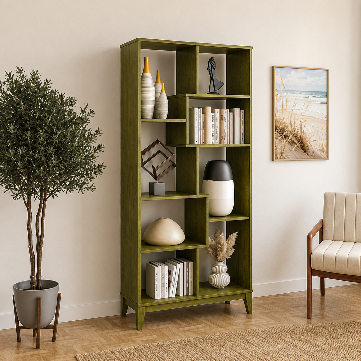 Modern solid teak wood bookshelf with geometric open shelves
