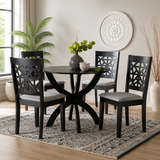 Modern black teak wood round dining table set with four upholstered chairs