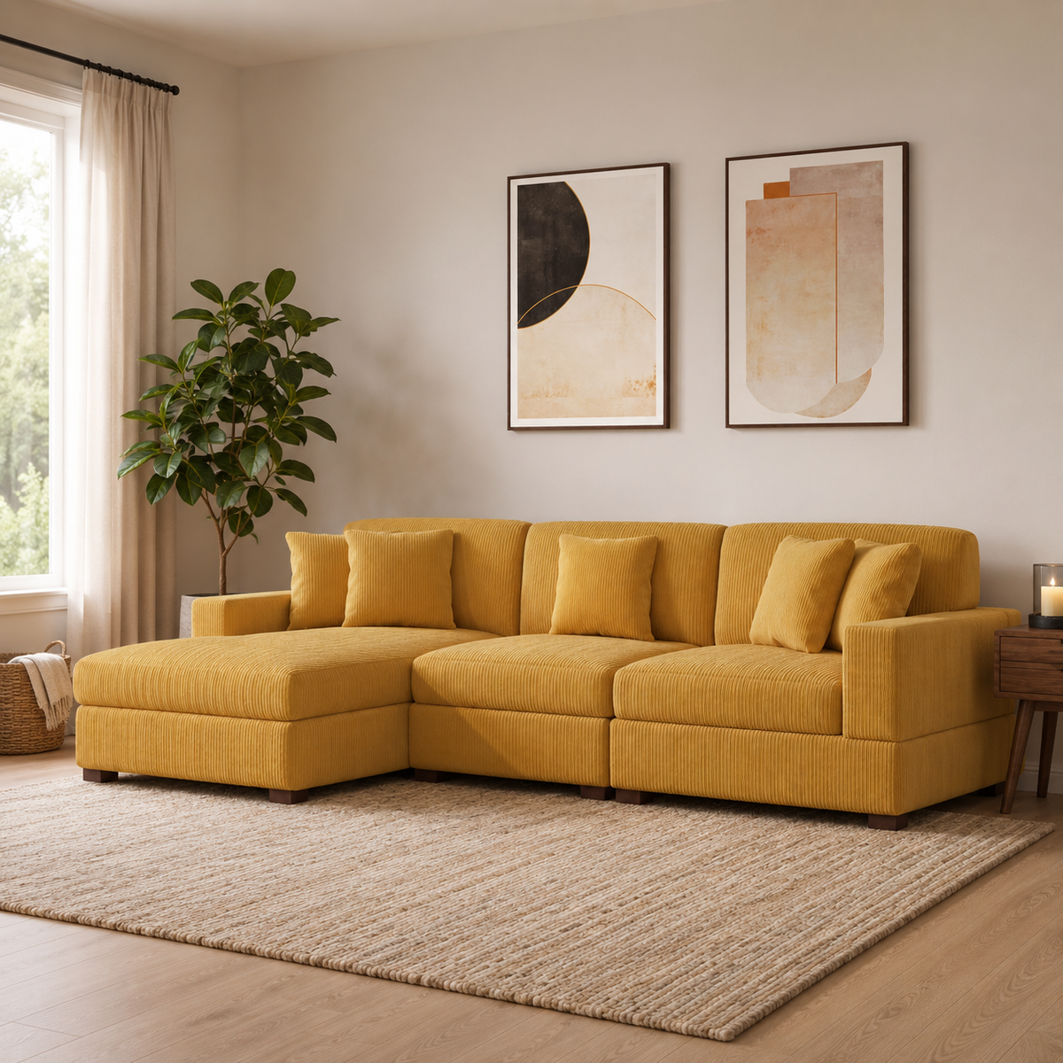 Modern mustard yellow L-shape sectional sofa with teak wood frame