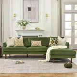 Olive green sectional sofa with chaise in teak wood frame