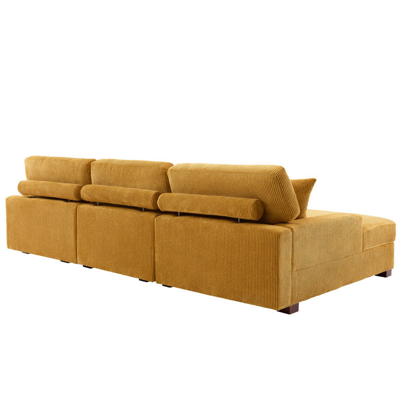 Luxury mustard corner sofa with solid teak wood base