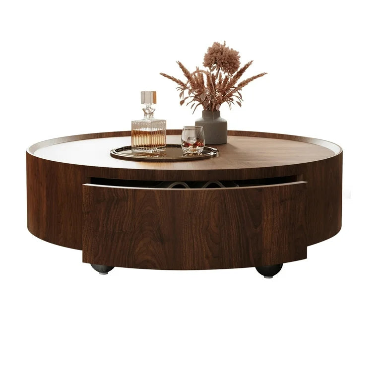 Round wooden coffee table with drawers for living room
