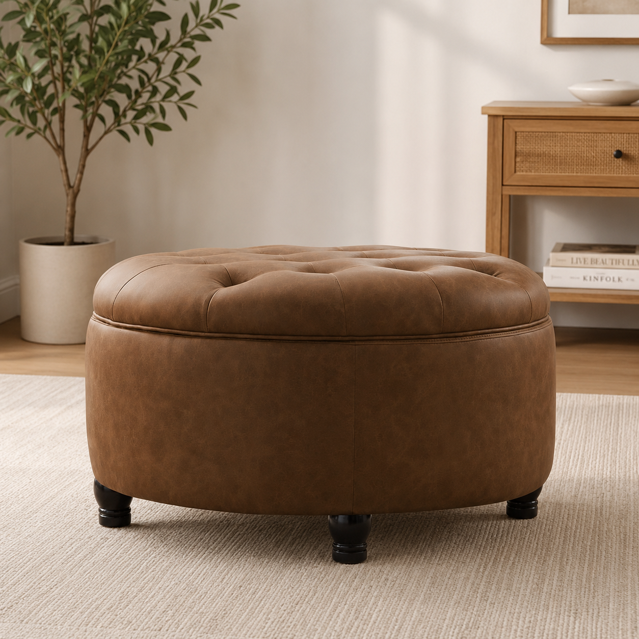 Round tufted storage ottoman with solid teak wood frame