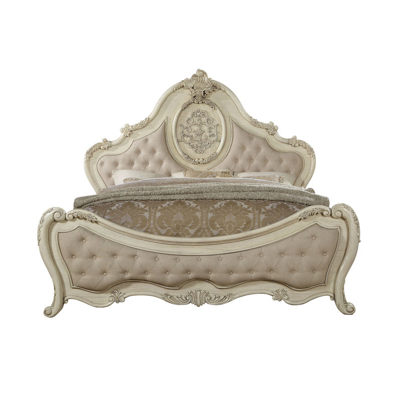 Elegant Upholstered Royal Bed in Antique Ivory Finish