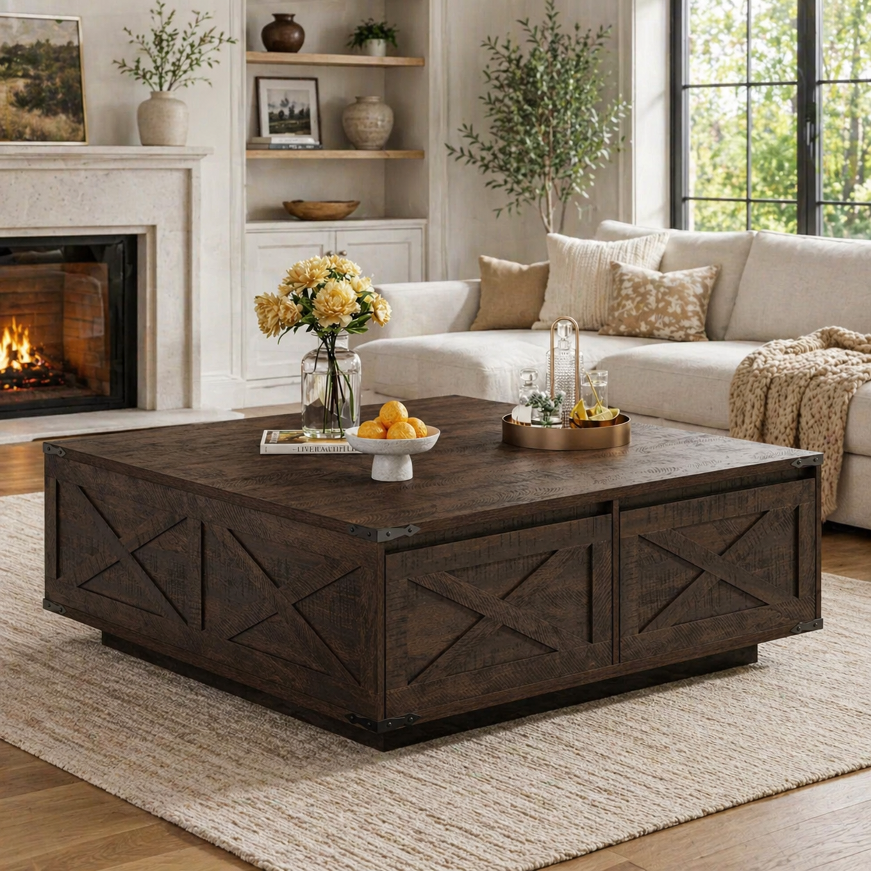 Rustic farmhouse square coffee table with hidden storage in dark brown wood