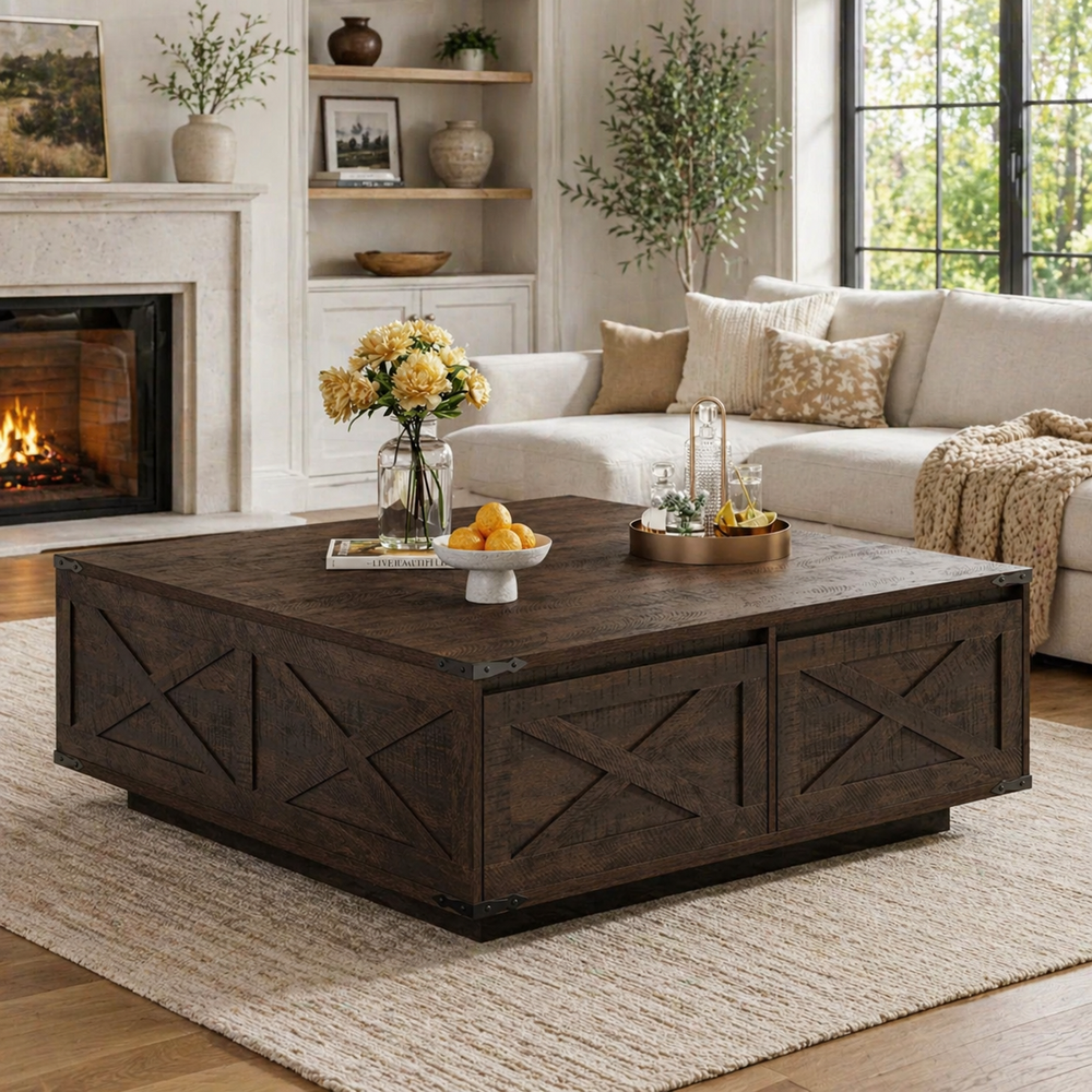 Rustic farmhouse square coffee table with hidden storage in dark brown wood