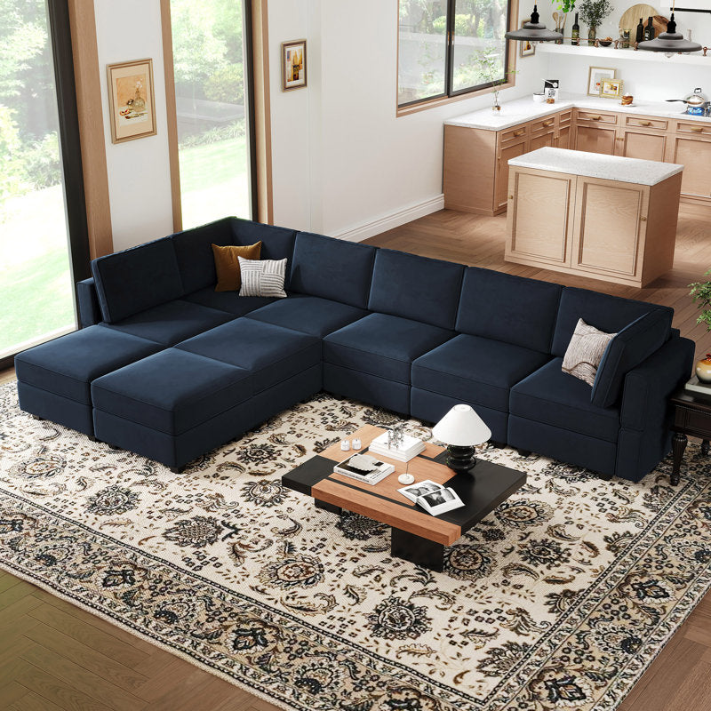 Luxury navy blue modular sectional sofa with teak wood frame
