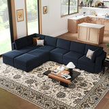 Luxury navy blue modular sectional sofa with teak wood frame